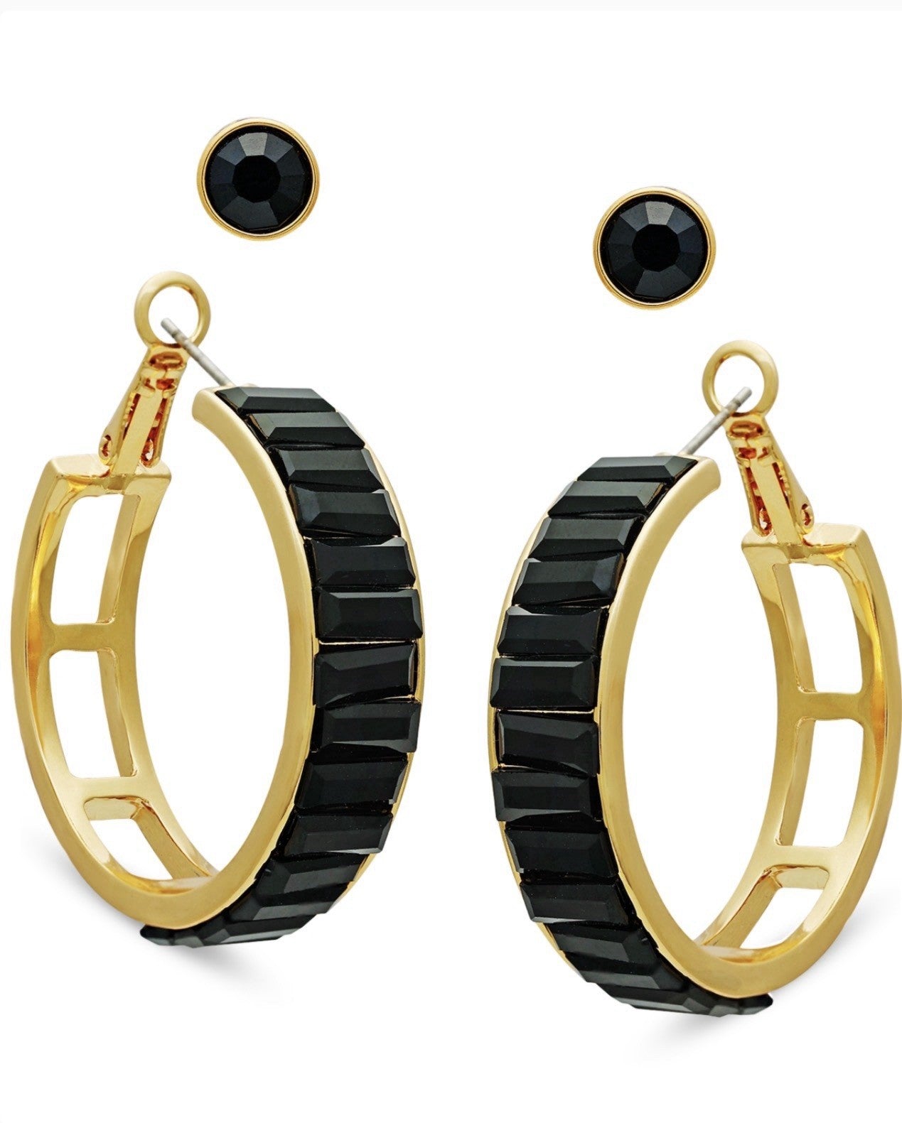 GUESS Gold-Tone Crystal Stud & Black Baguette Hoop Earrings Set