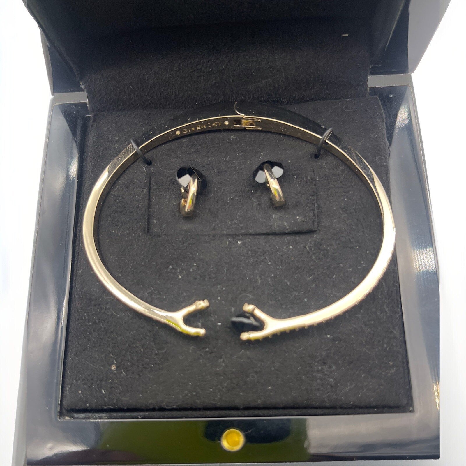 GIVENCHY SILVER TONE Black CRYSTALS BANGLE BRACELET WITH FLOATING STONE EARRINGS