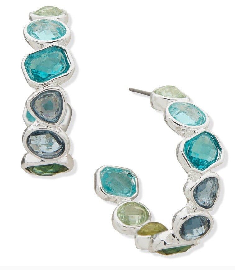 Anne Klein Silver-Tone Crystal Bezel Set C Hoop Earrings