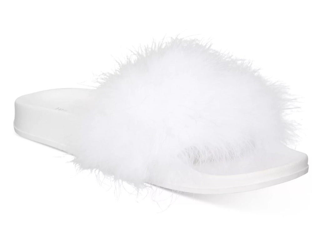 INC International Concepts Sandal Slides Sz XL 11-12 White Fluffy Faux Maribou