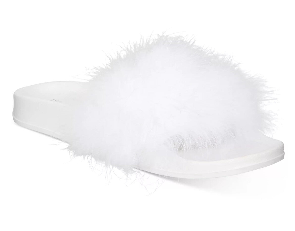 INC International Concepts Sandal Slides Sz XL 11-12 White Fluffy Faux Maribou