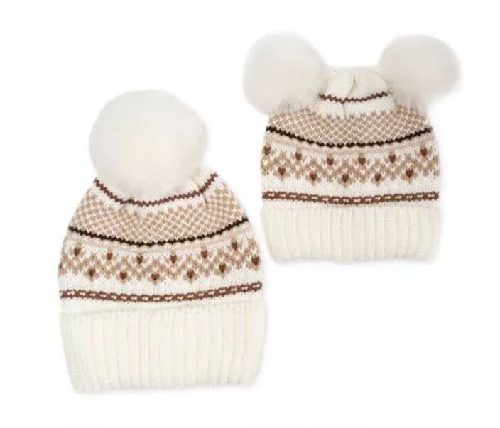 Charter Club Mommy & Me Fair Isle Beanies Set Women's OS Ivory Faux-Fur Pom Poms