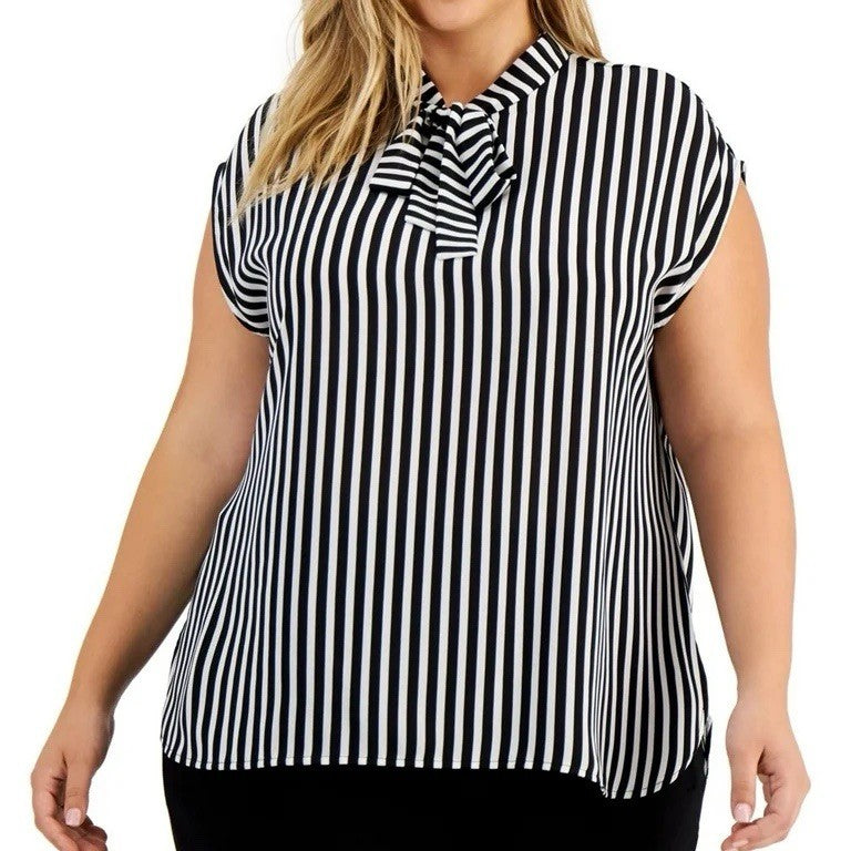 Bar III Womens White Tie-Neck Striped Top Plus Size 2X