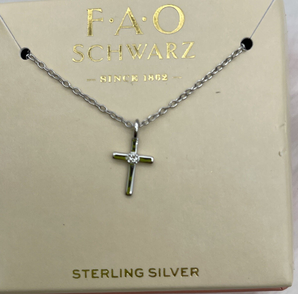 FAO SCHWARZ Sterling Silver Cross Necklace Boxed 18 Inch Small 