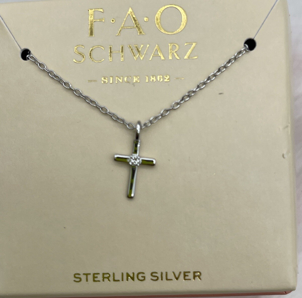 FAO SCHWARZ Sterling Silver Cross Necklace Boxed 18 Inch Small 