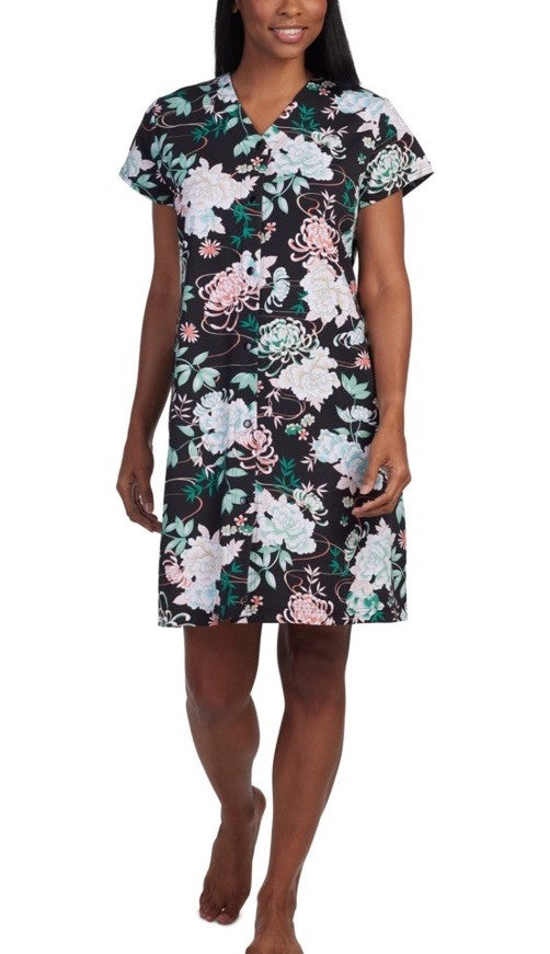 Miss Elaine Women's Short-Sleeve Floral Snap Robe Floral XL