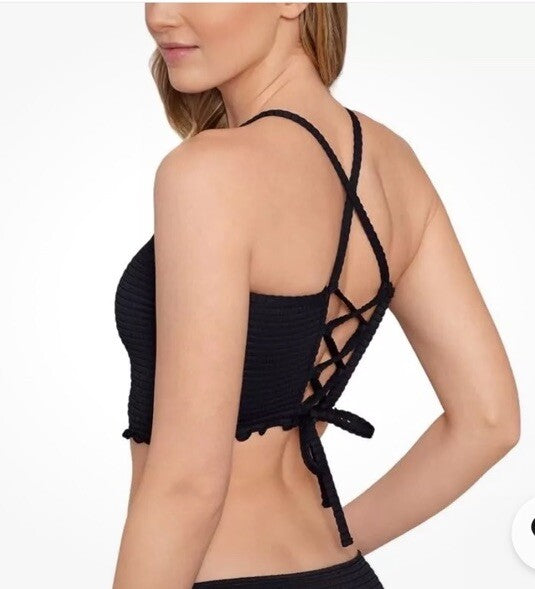 Salt + Cove Women's Seersucker Lace-Up Tankini Top Black Size XL