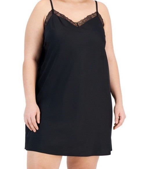 I.N.C. International Concepts Plus Size Lace-Trim Satin Chemise Black 3X