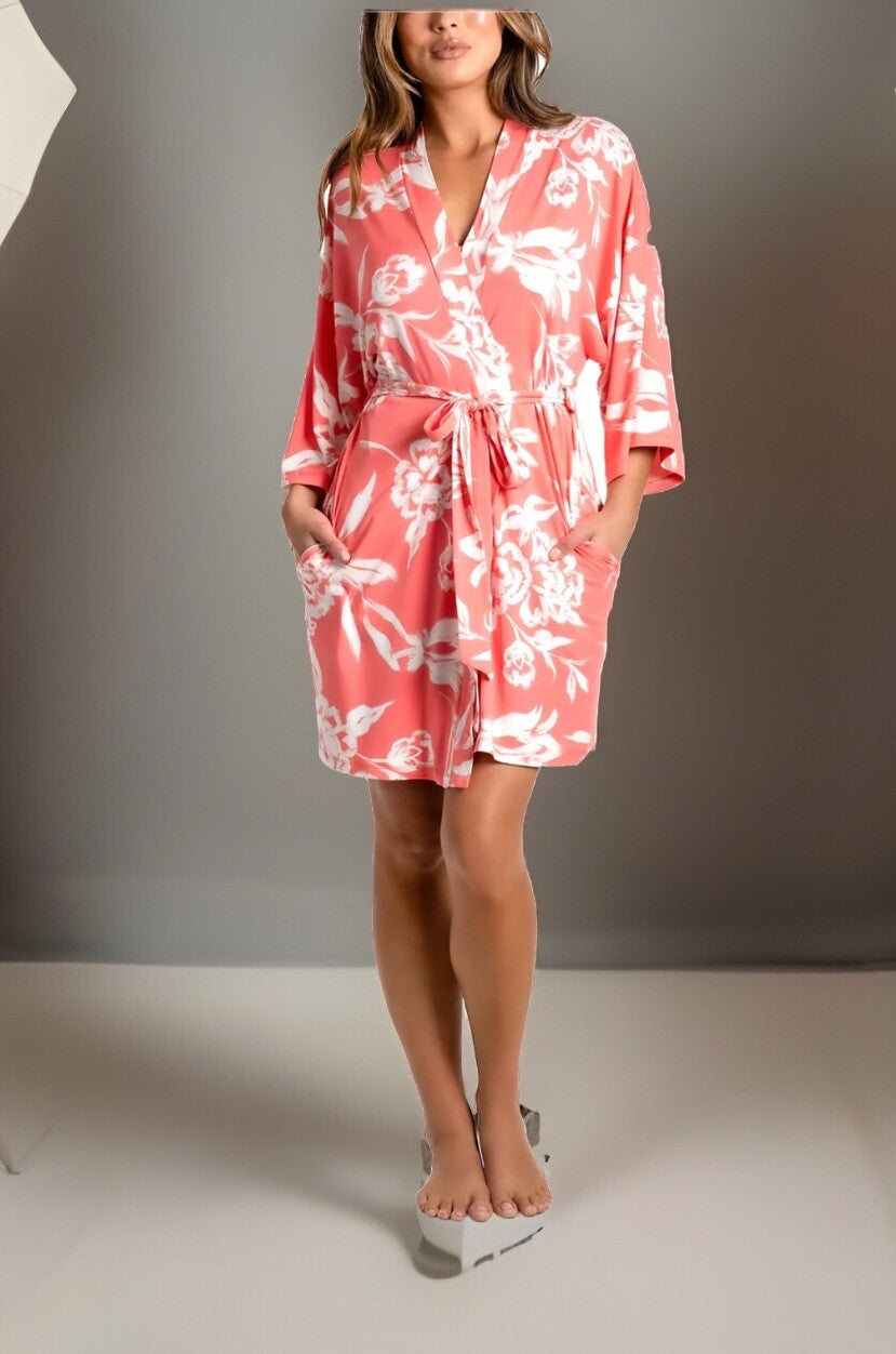 Linea Donatella Tropical Floral Print w/Pockets & Belt Womens Short Robe Size S/