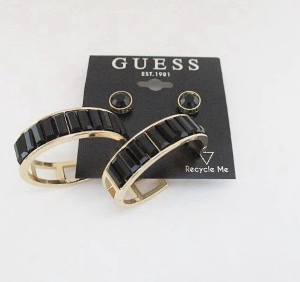 GUESS Gold-Tone Crystal Stud & Black Baguette Hoop Earrings Set
