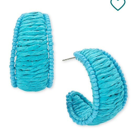New Seed Bead & Raffia C Hoop Earrings Turquoise Blue Boho Cottagecore Beach
