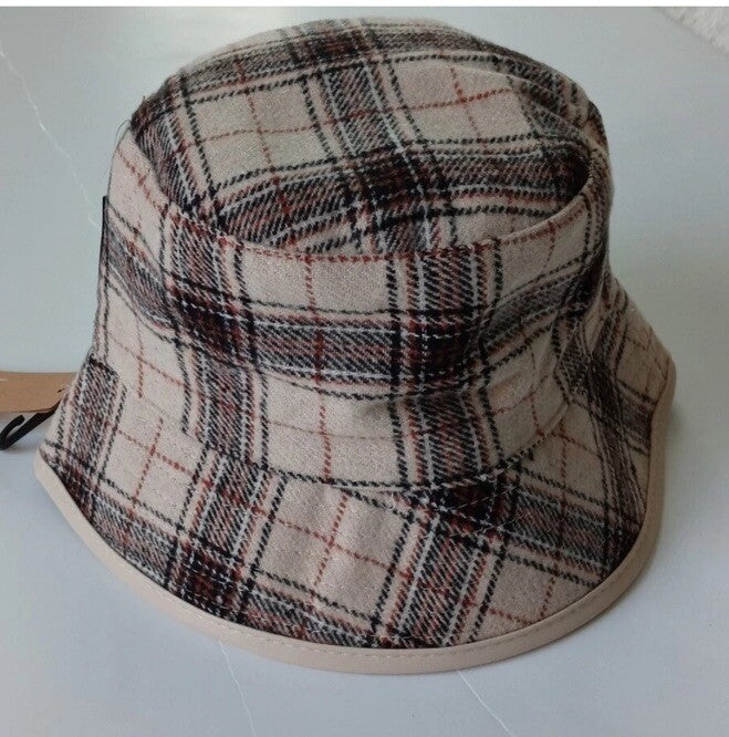 Steve Madden Women's Reversible Plaid Bucket Hat Cream Fabric