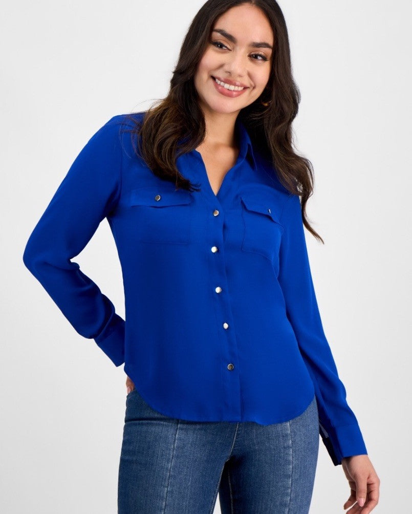 I.N.C. International Concepts Petite Button-Front Blouse Bright Blue Pet/med