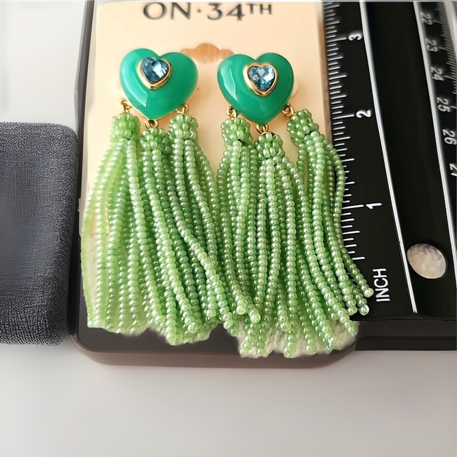 On 34th Crystal Heart & Beaded Fringe Drop Earrings Green 