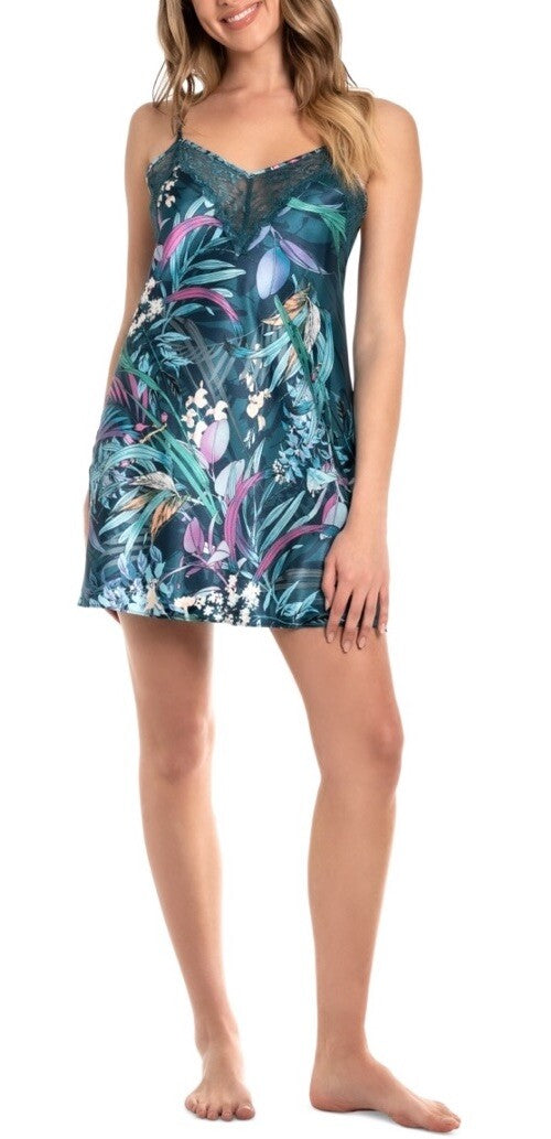 Linea Donatella Women's Printed Satin Lace-Trim Chemise - Turquoise  Size M