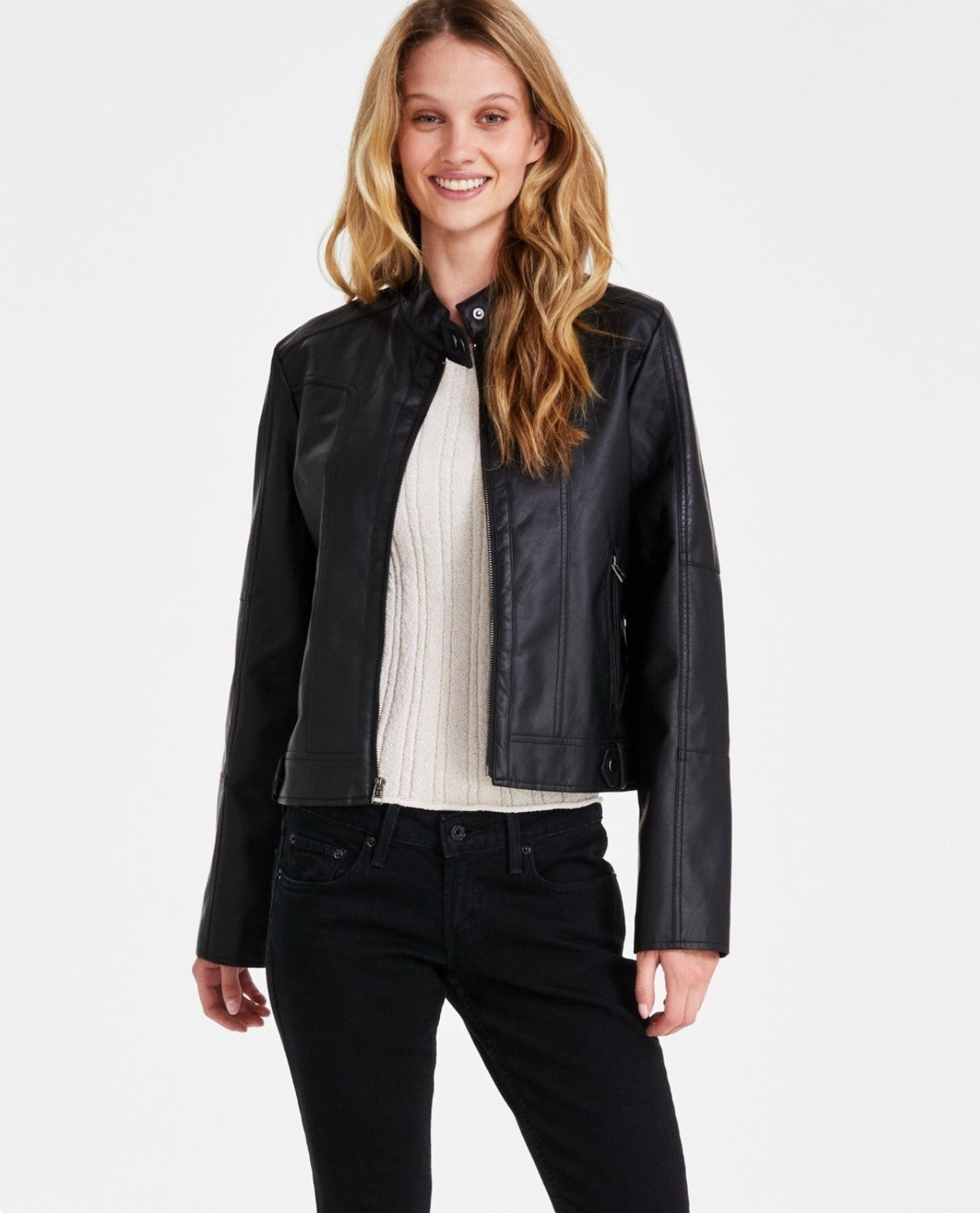 Maralyn & Me Faux-Leather Zip-Front Jacket Juniors S. Black Snap Closure Collar