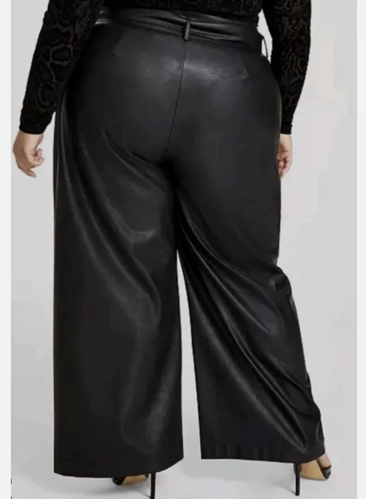 Nina Parker Women's Black Faux-Leather Belted Wide Leg Pants Plus Size 18W