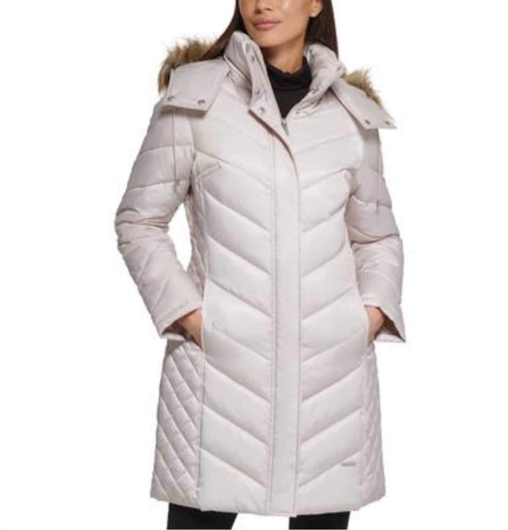 Kenneth Cole Women's Quilted Faux Fur Hood Heavyweight Puffer Coat Birch Size XL