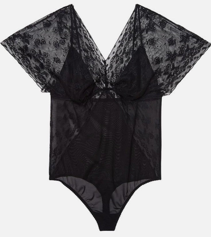 Wacoal Women's Lifted in Luxury Flutter-Sleeve Lace Bodysuit Black XL