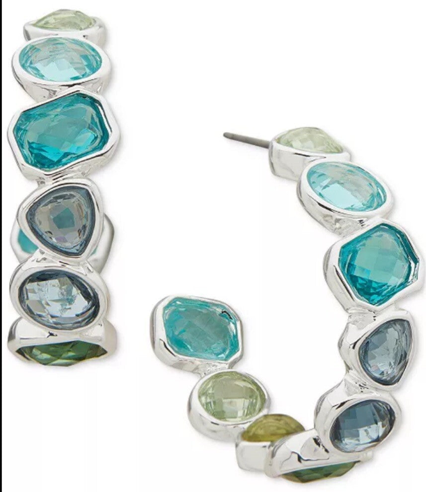 Anne Klein Silver-Tone Crystal Bezel Set C Hoop Earrings