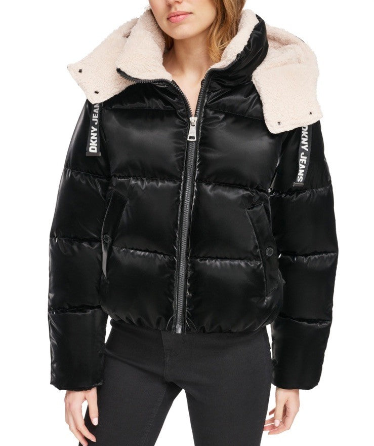 DKNY Jeans Women's Logo-Drawstring Hooded Puffer Jacket Black XL