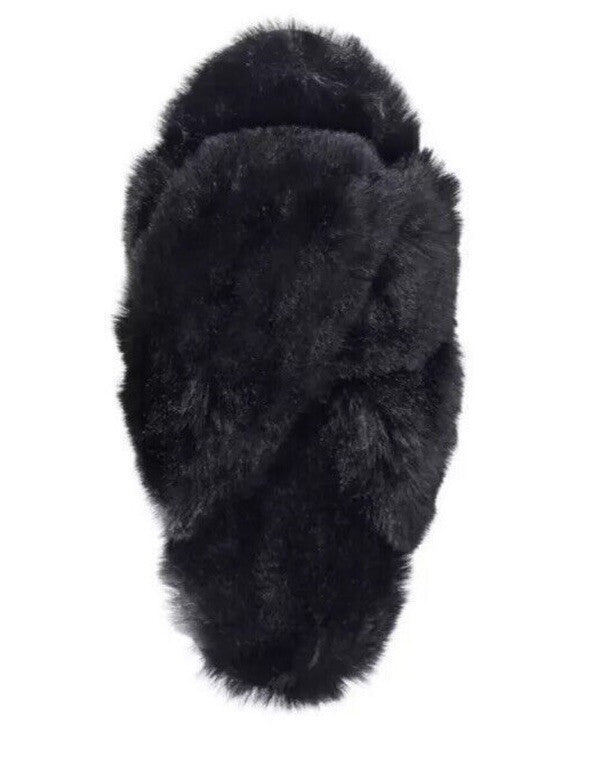 Jenni Faux Fur Solid Crossband Slippers L 9-10 NWT Soft Black