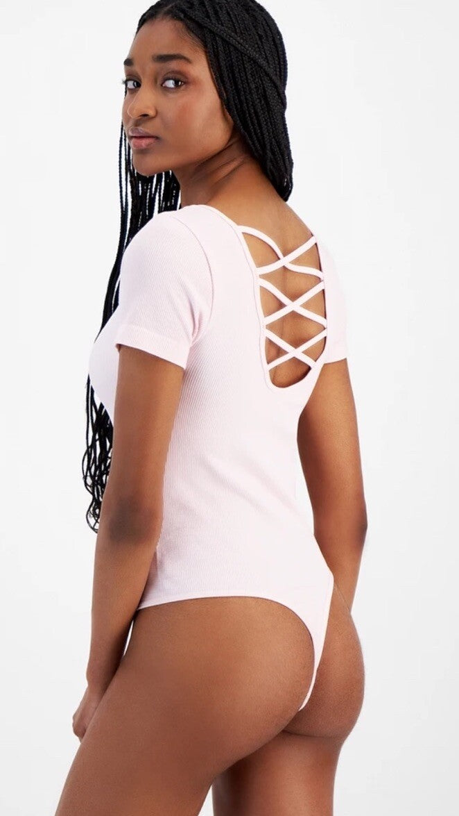 Ultra Flirt Juniors' Seamless Lattice-Back Ribbed Bodysuit Ballet Slipper Large 