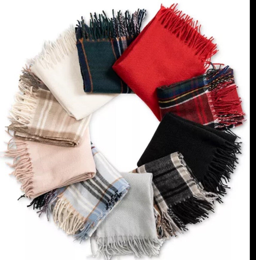 Womens Chenille Scarf Fringe Trim Ivory Plaid STYLE&CO