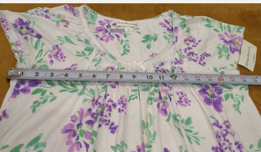Miss Elaine Women's Floral Short-Sleeve Nightgown - Lavender Flowers White SZ S