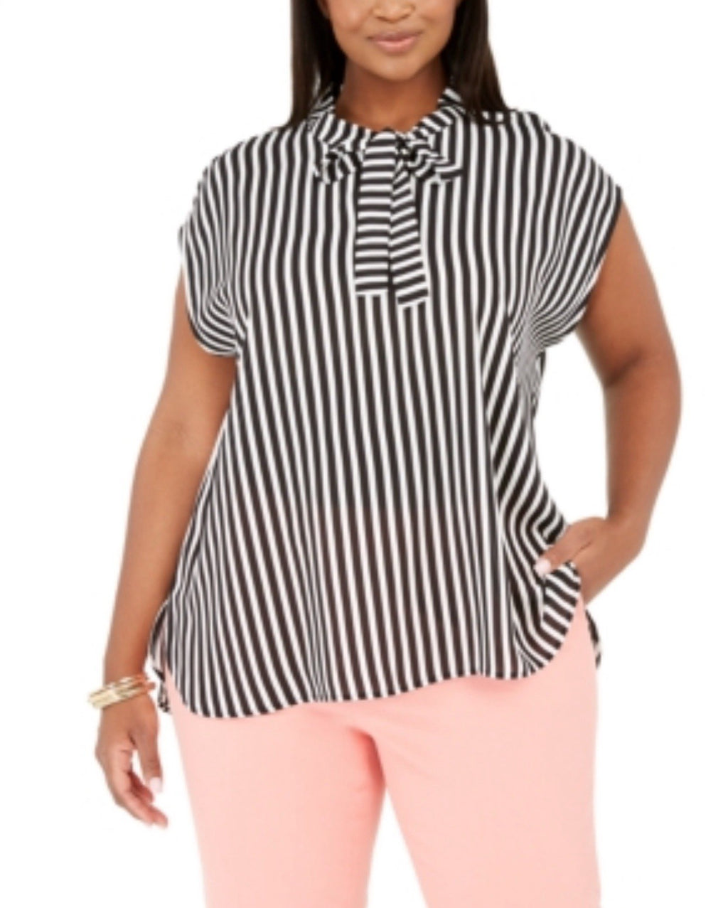 Bar III Womens White Tie-Neck Striped Top Plus Size 2X