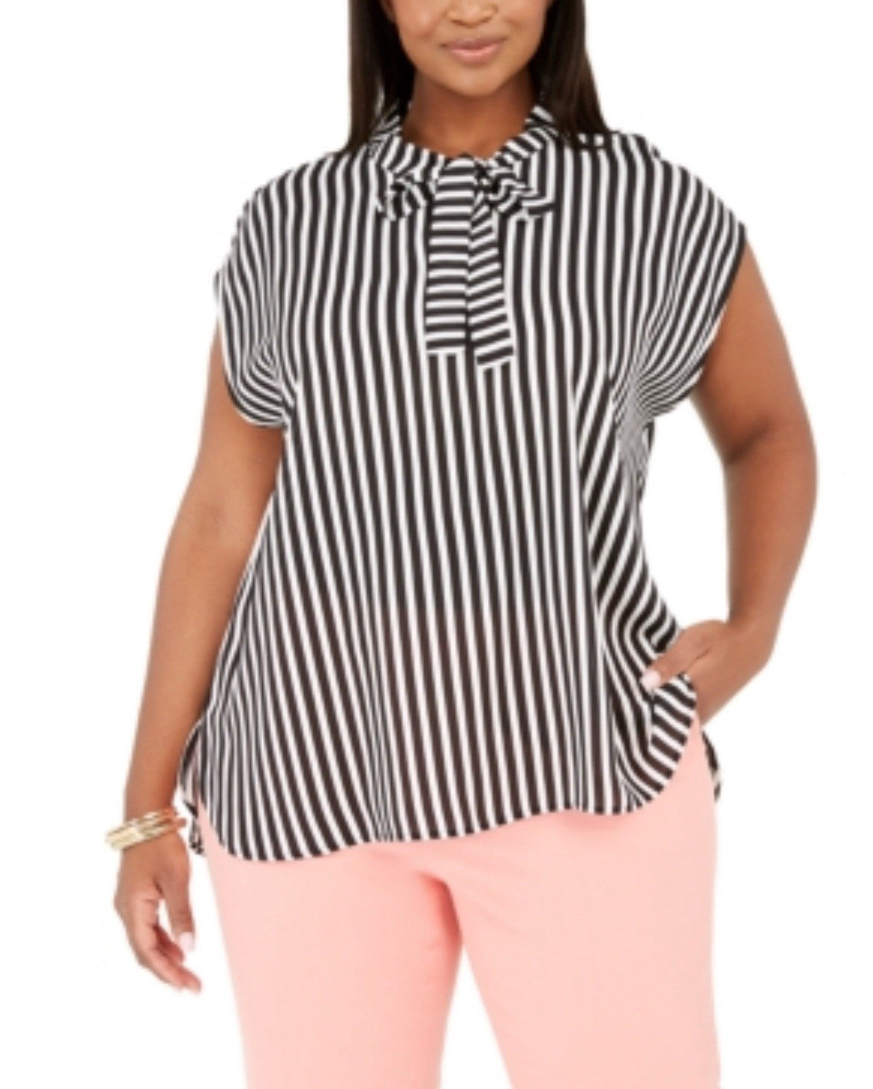 Bar III Womens White Tie-Neck Striped Top Plus Size 2X