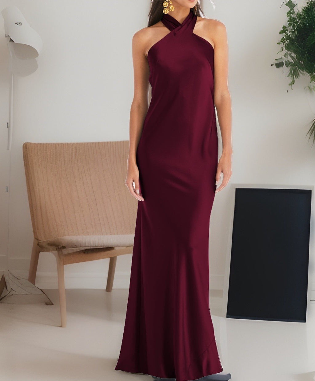 Lovely Plus Size Draped Twist Halter Tie-Back Trumpet Gown XL