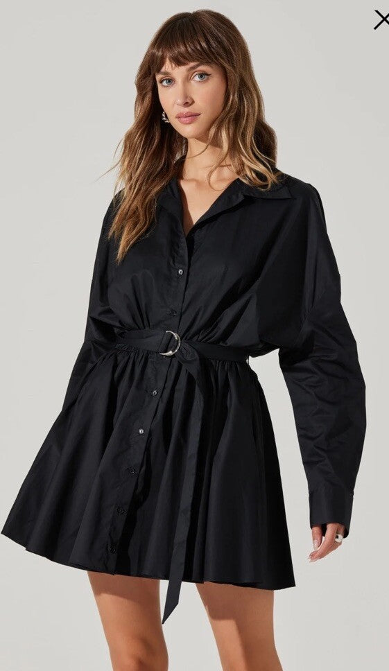 ASTR The Label Winica Belted Mini Shirtdress Medium Black 