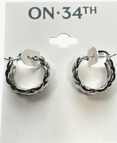 On 34th Women's Quilted Hoop Earrings Silver Color