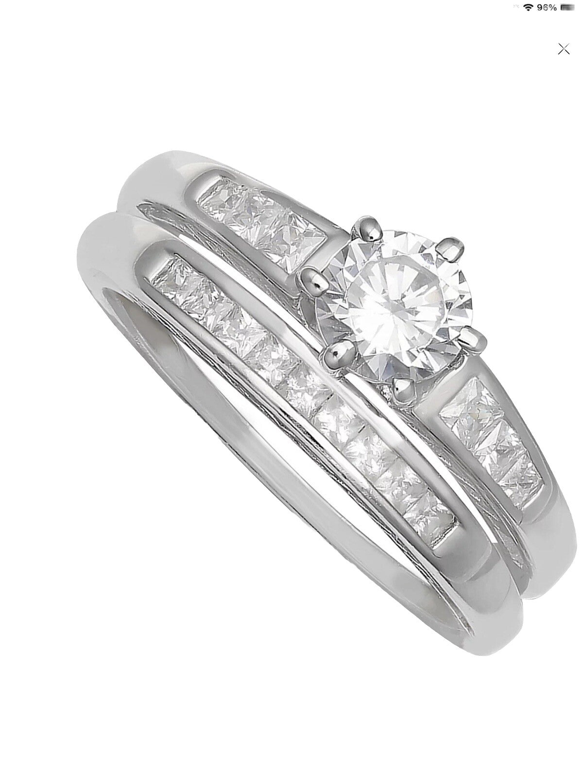 Cubic Zirconia Sterling Silver Engagement Ring Set Size 8