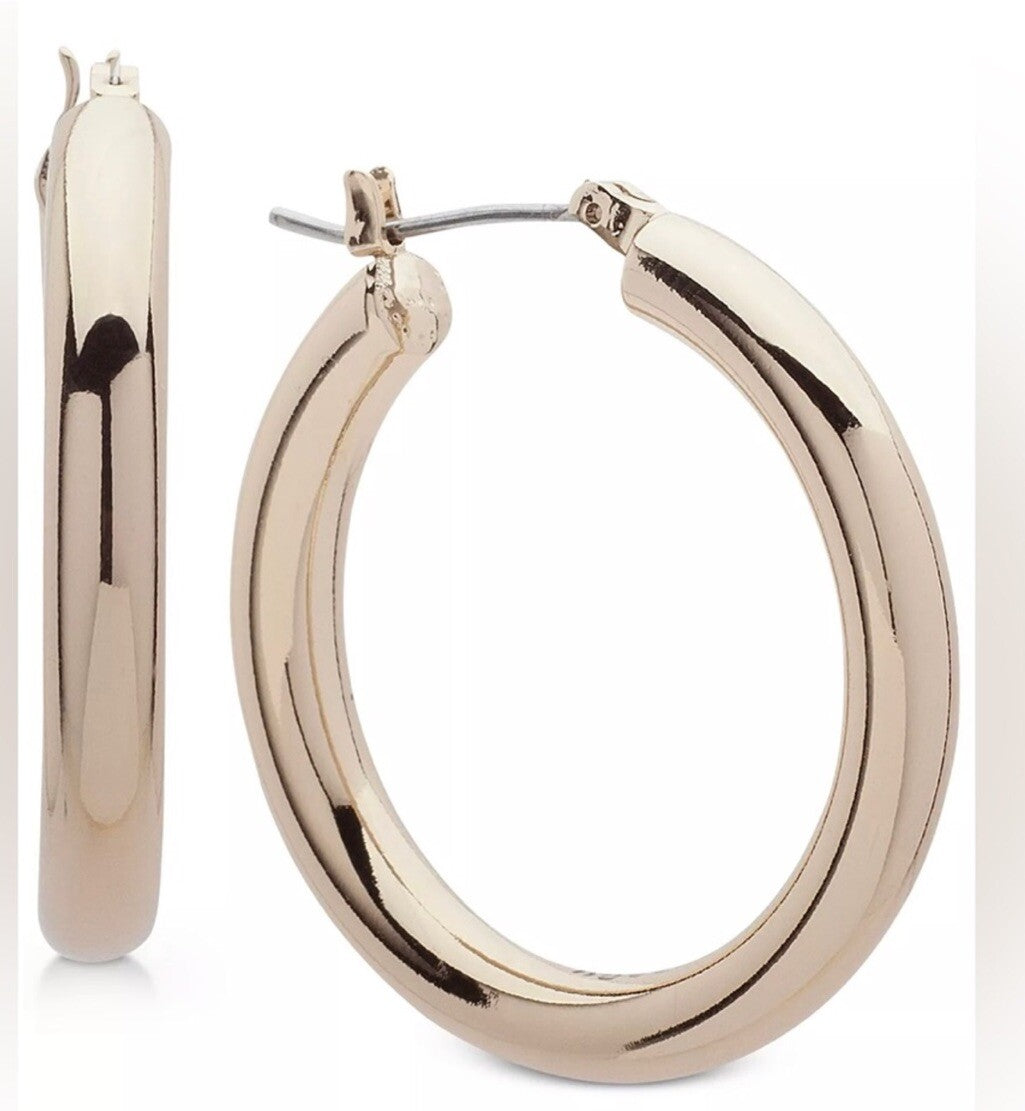 DKNY Gold Tone Earrings Hoops Tick 
