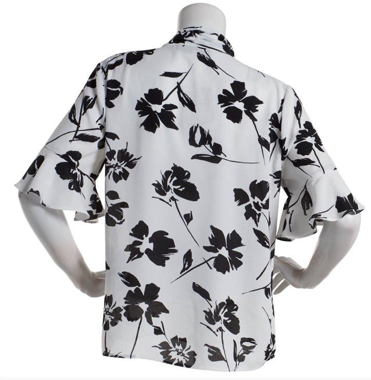 Kasper Womens Blouse Top Printed Tie Neck Ruffle Sleeve Vanilla Ice/ Black Sz M