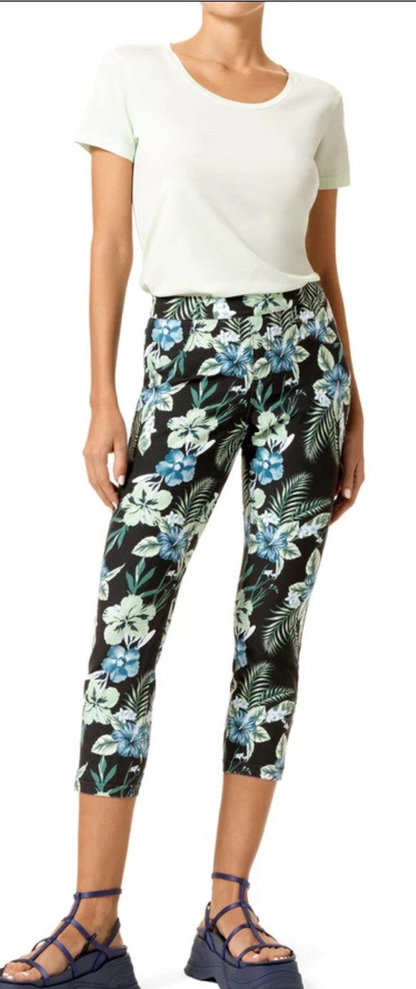 Hue Womens Size M Floral Tropical Print Essential Denim Capri Pants in Black