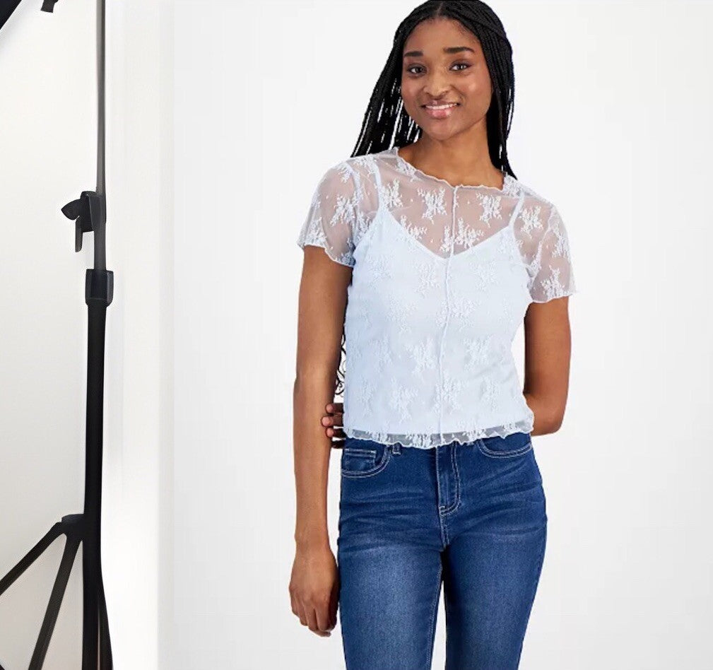 Ultra Flirt Junior’s Lace Tee & Cami Baby Blue Color Small Sheer