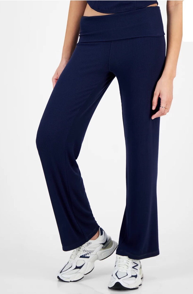 Ultra Flirt Juniors' High Rise Foldover-Waist Ribbed Knit Pants Black S