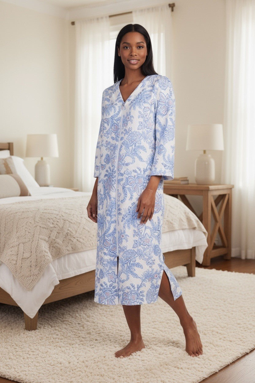Miss Elaine Women's Quilted Floral 3/4-Sleeve Robe Blue Flor L