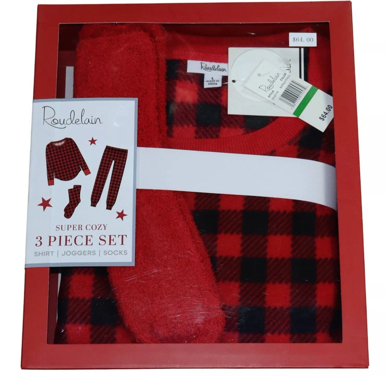 Roudelain 3-Piece Super Cozy Fleece Shirt/Joggers/Socks Sleepwear Pajama Set  L
