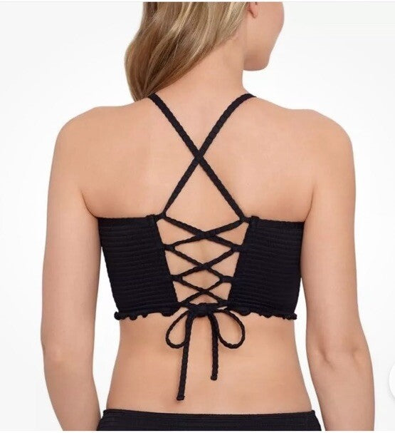 Salt + Cove Women's Seersucker Lace-Up Tankini Top Black Size XL