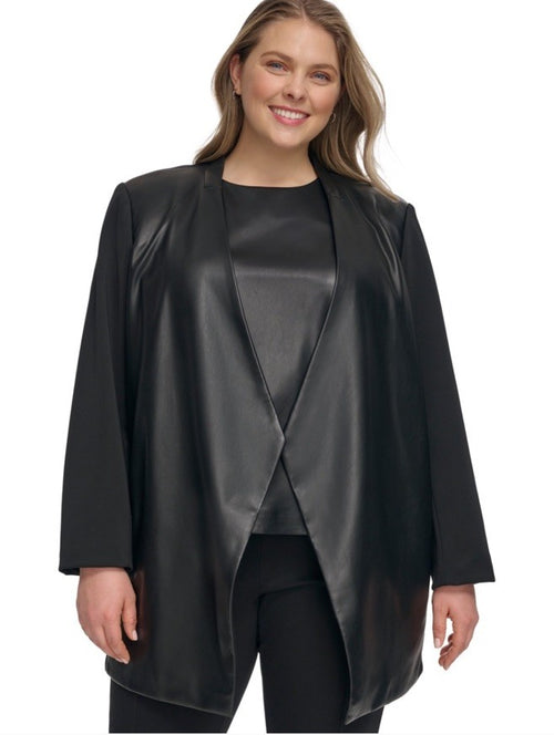Calvin Klein Women's Black Mixed-Media Long-Sleeve Jacket Plus Size 24W