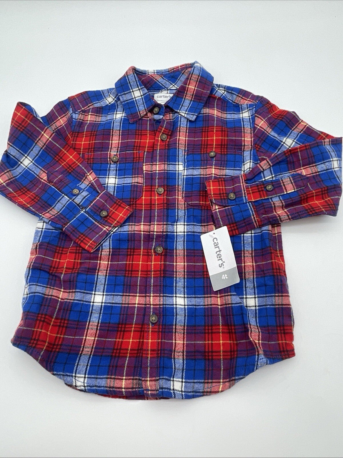 Carters Toddler Boys Size 4T Plaid Printed Collared Button Down Shirt Cotton EUC