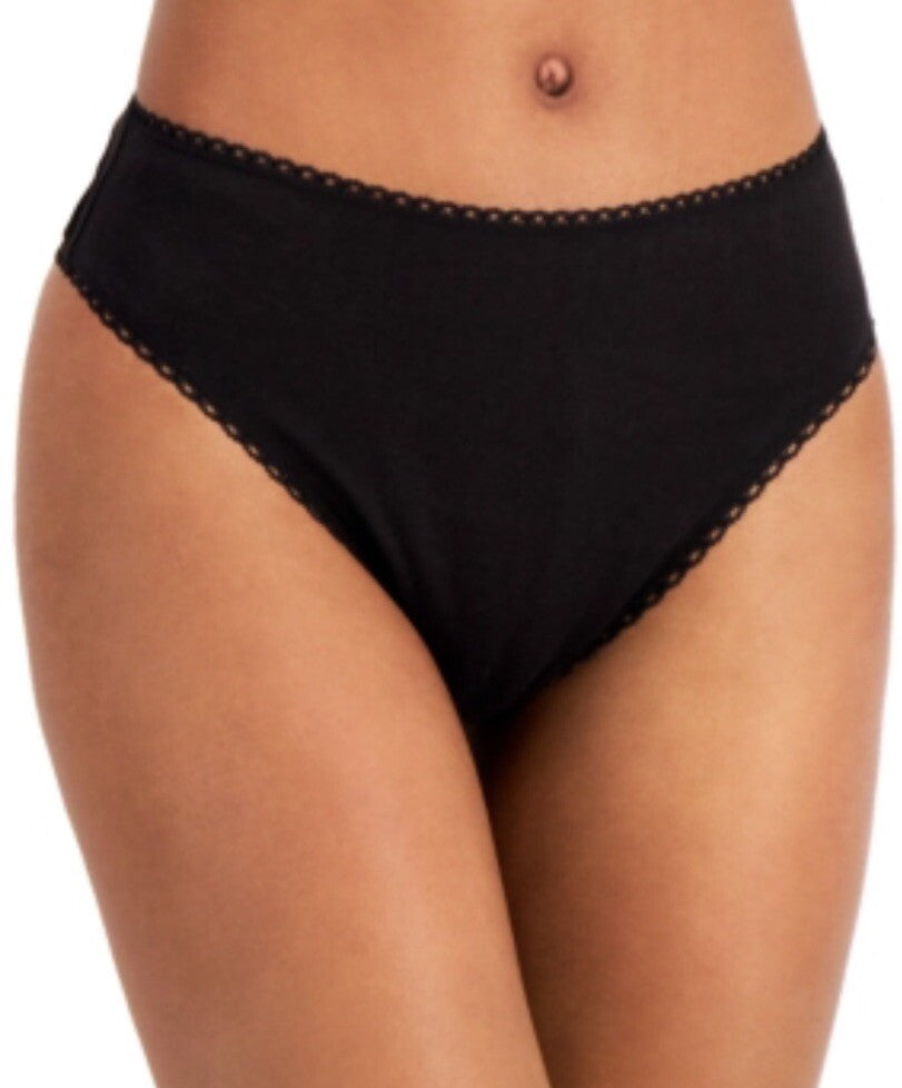 CHARTER CLUB Everyday Cotton High Cut Brief Underwear Lace Trim Black Medium NEW