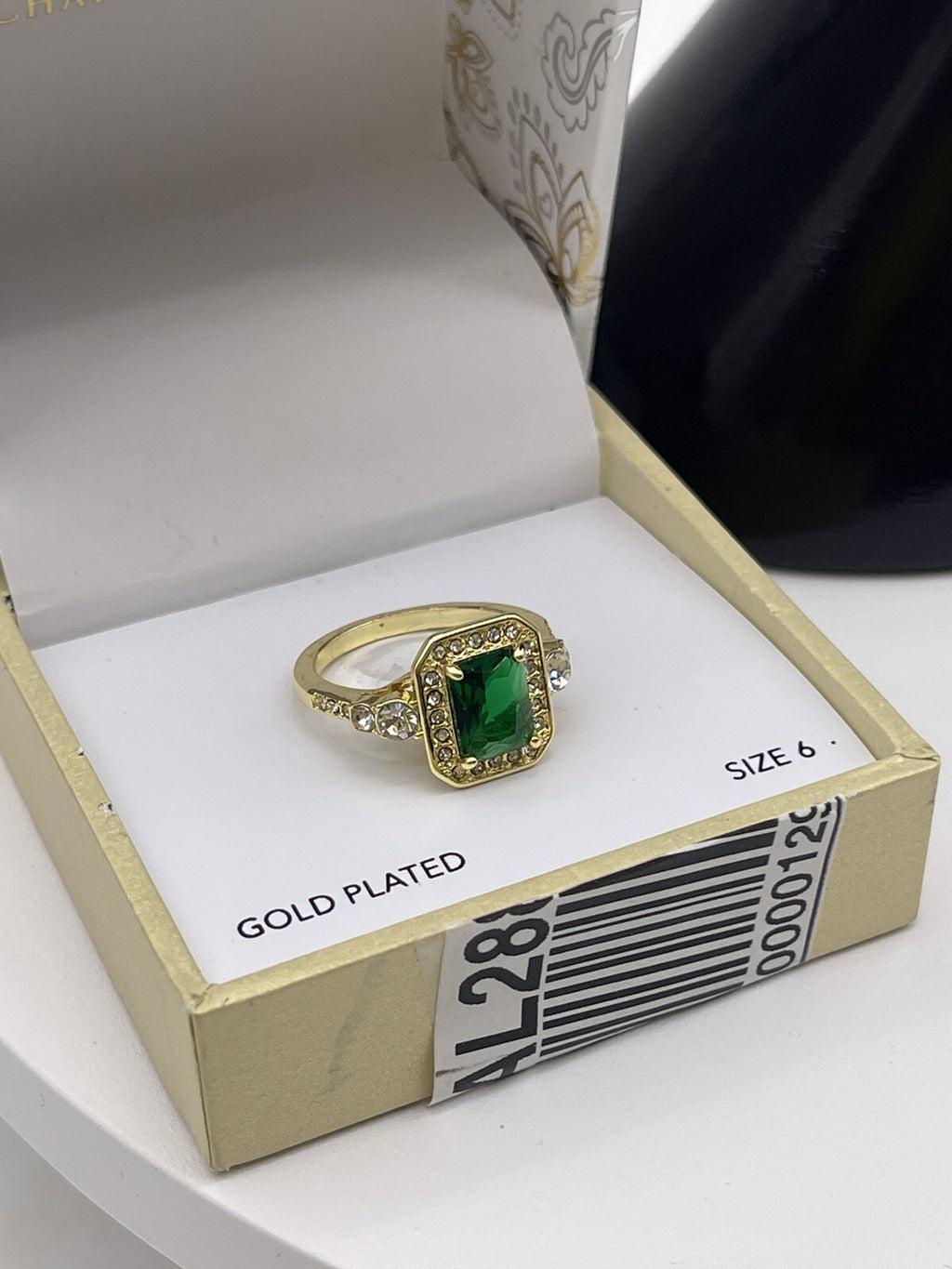 Charter Club Gold Plated Cubic Zirconia Green Cushion Stone Ring Size 6