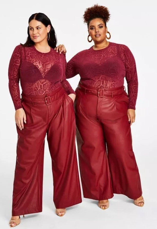 Nina Parker Women's Red Plus Size Faux Leather Belted Wide Leg Pants Size 18W