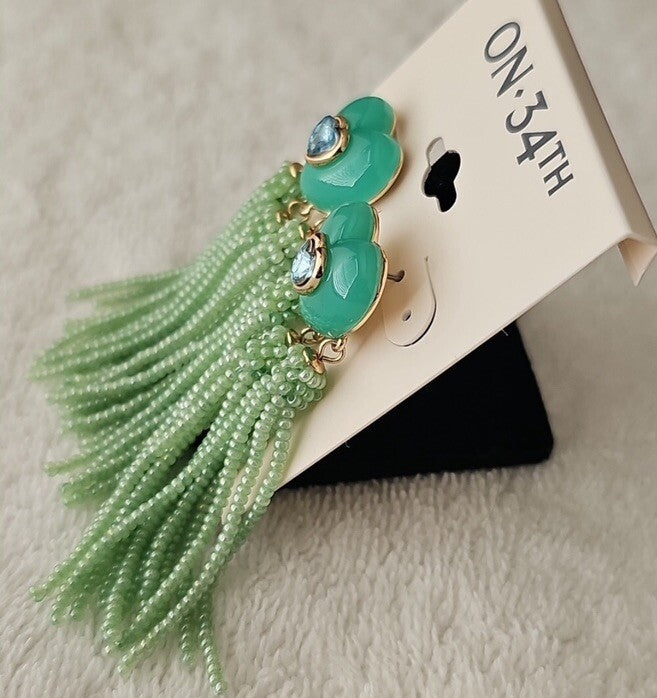 On 34th Crystal Heart & Beaded Fringe Drop Earrings Green 
