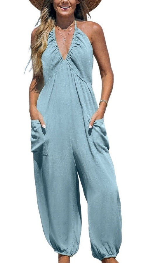 Cupshe Plunge Halter Jogger Jumpsuit Blue Size L